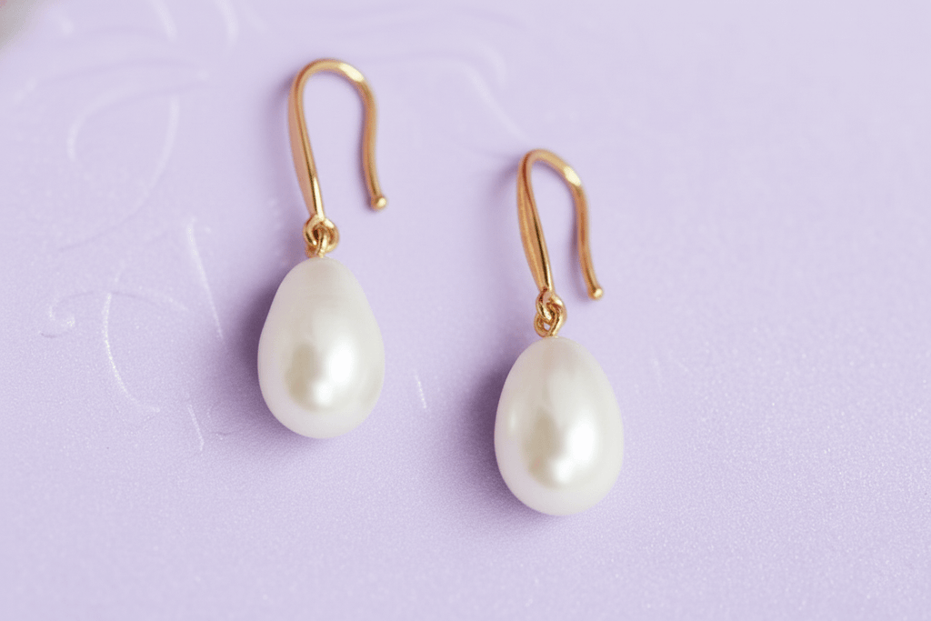 Bông tai Vàng Ngọc trai Teardrop White Freshwater Pearl Hook Gold Earrings by AME Jewellery
