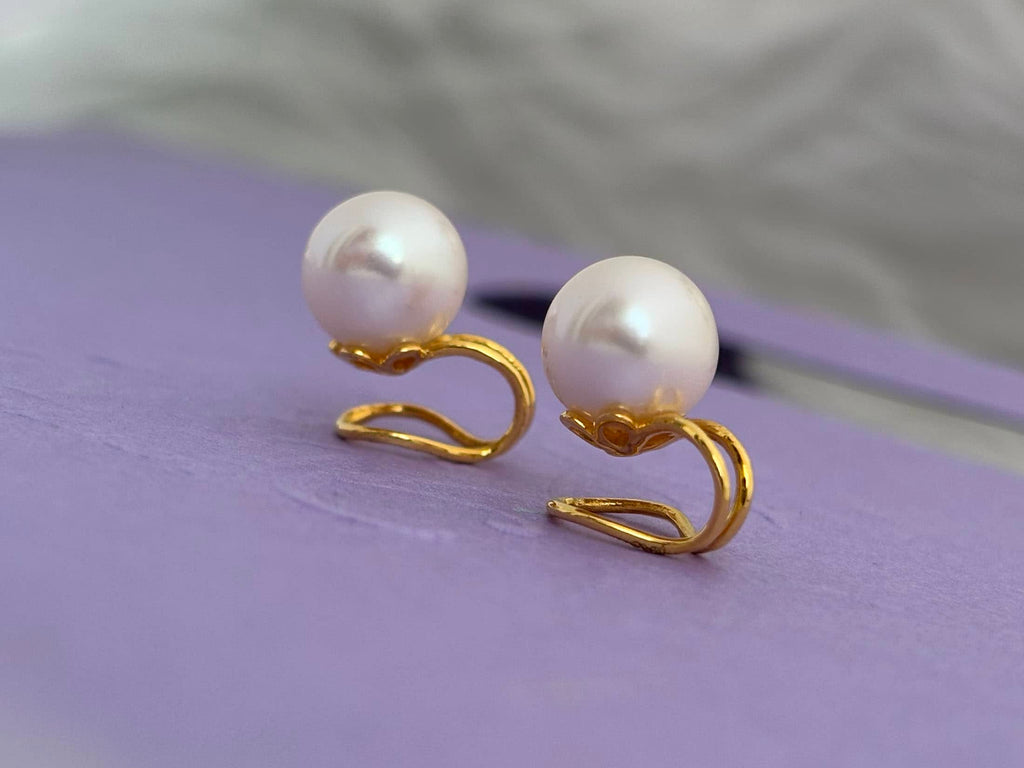 Bông tai Kẹp Ngọc trai trắng White Freshwater Cultured Pearl Clip-onEarrings in 14K Yellow Gold by AME Jewellery