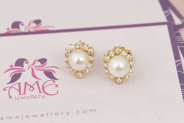 Bông tai Vàng 14K Ngọc trai trắng | White Freshwater Pearl Flower Earrings 14K Yellow Gold | AME Jewellery