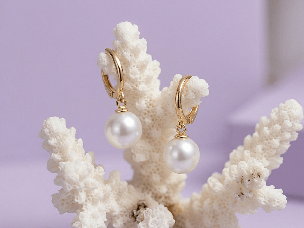 Bông tai Vàng Ngọc trai trắng White Freshwater Pearl Horseshoe Hoop Earrings in 14K Yellow Gold by AME Jewellery