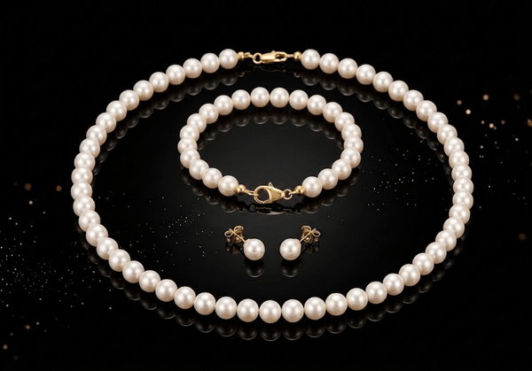 White Freshwater Cultured Pearls Strand Jewelry three-piece Set with 14-karat Yellow Gold Clasp by AME Jewellery