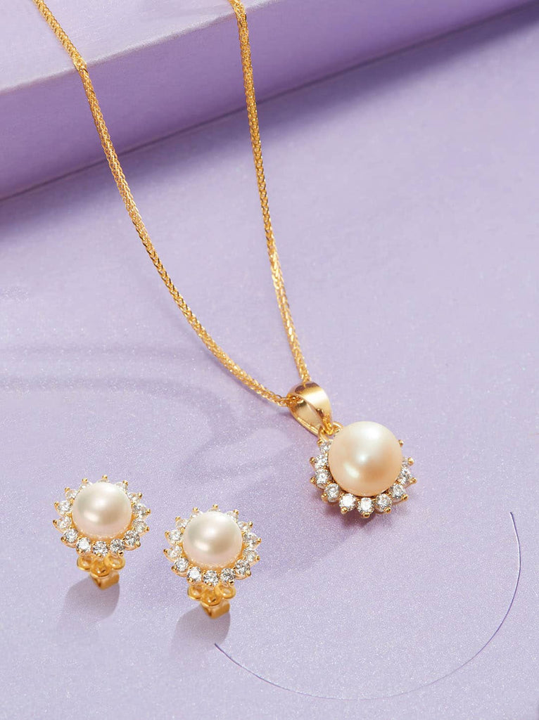 Trang sức Ngọc trai trắng | White Freshwater Cultured Pearl Sunflower Two-Piece Jewelry Set in 14K Yellow Gold by AME Jewellery