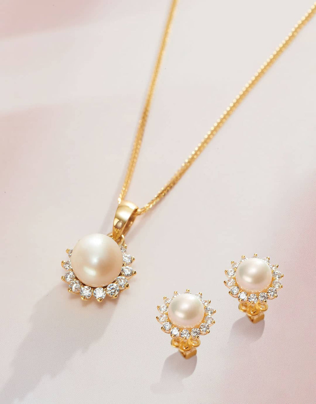 Trang sức Vàng 14K Ngọc trai trắng White Freshwater Pearl Sunflower Jewelry in 14-karat Yellow Gold by AME Jewellery