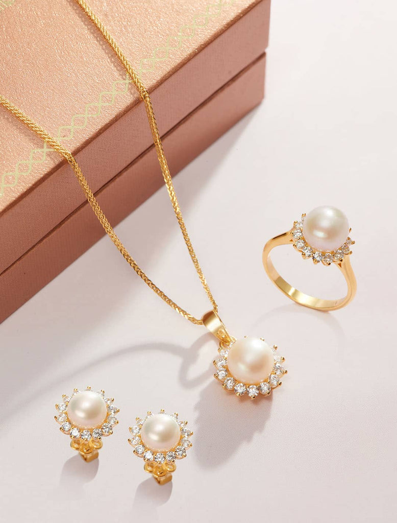 White Freshwater Cultured Pearl Sunflower Jewelry Set 14K Yellow Gold | AME Jewellery
