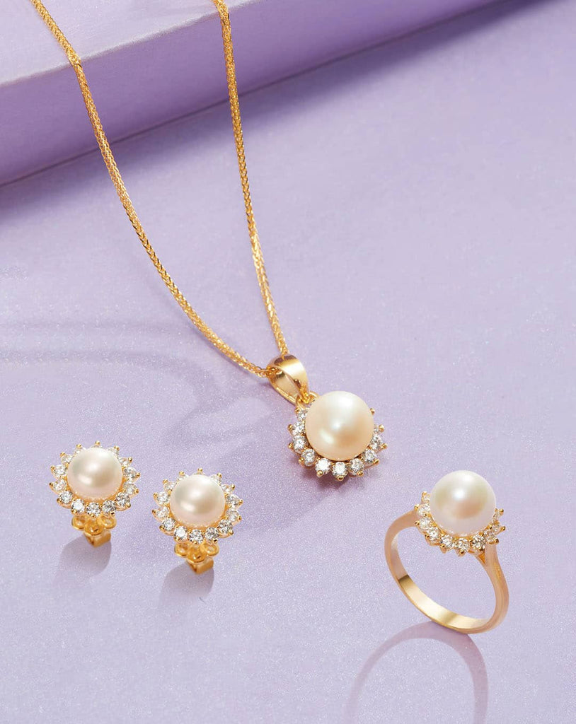 Trang sức Vàng Ngọc trai trắng White Freshwater Pearl Sunflower Jewelry in 14K Yellow Gold by AME Jewellery