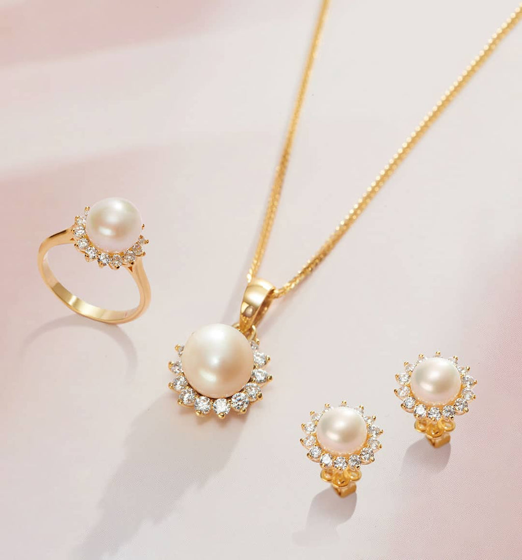 Trang sức Vàng Ngọc trai trắng White Freshwater Pearl Sunflower Jewelry in 14K Yellow Gold by AME Jewellery