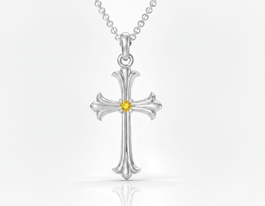 Mặt dây chuyền Thánh Giá Vàng trắng Đá quý tự nhiên Yellow Sapphire Gothic Cross Pendant 14K White Gold by AME Jewellery