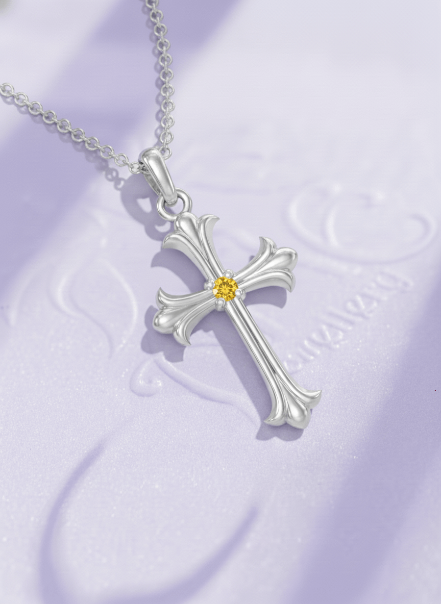 Mặt dây chuyền Thánh Giá Vàng trắng Đá quý tự nhiên Yellow Sapphire Gothic Cross Pendant 14K White Gold by AME Jewellery
