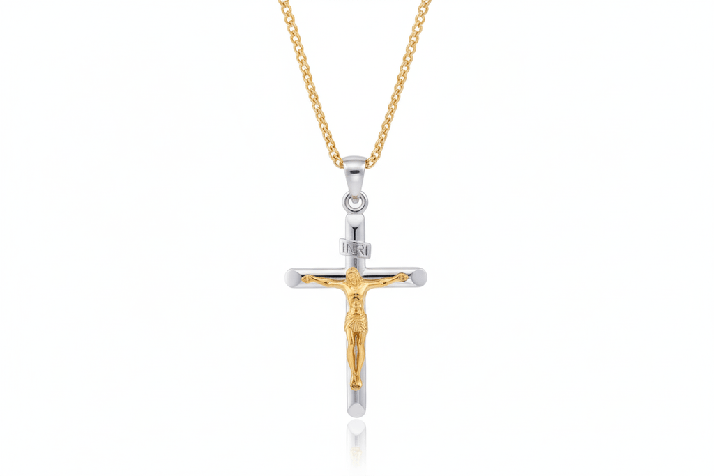 Mặt dây Vàng và Vàng trắng Thánh Giá Jesus Crucifix Cross Pendant Necklace 14K Yellow and White Gold by AME Jewellery