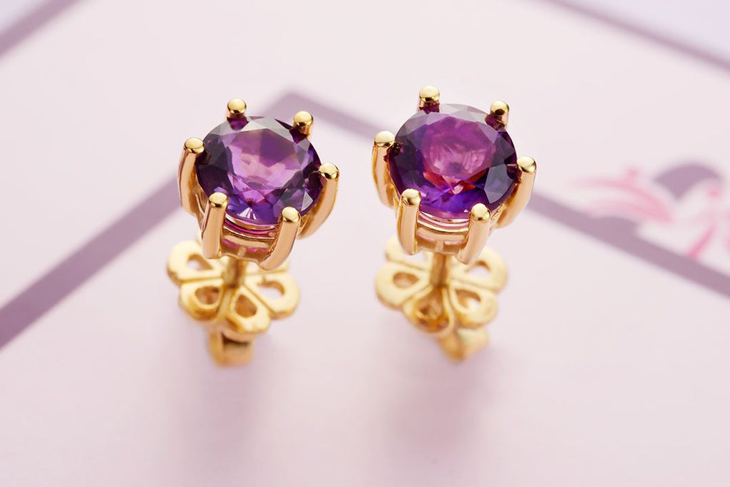 Bông tai Vàng 14K Đá quý thiên nhiên Amethyst 6 prong gold earrings - AME Jewellery