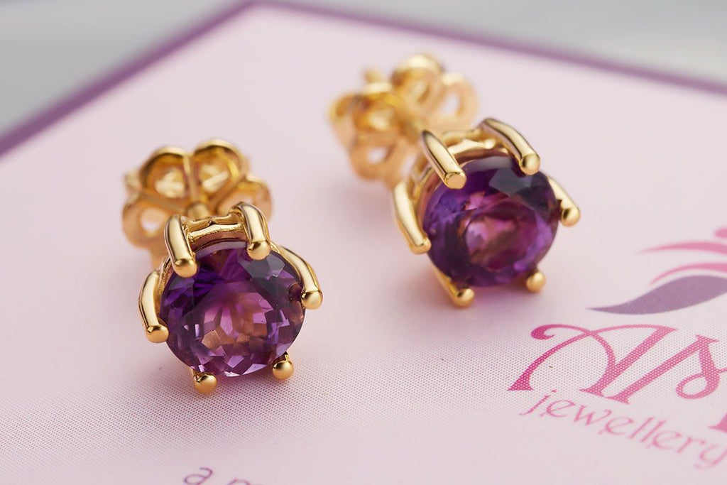 Bông tai Vàng Đá quý thiên nhiên Amethyst 6 prong Earrings in 14K Yellow Gold by AME Jewellery