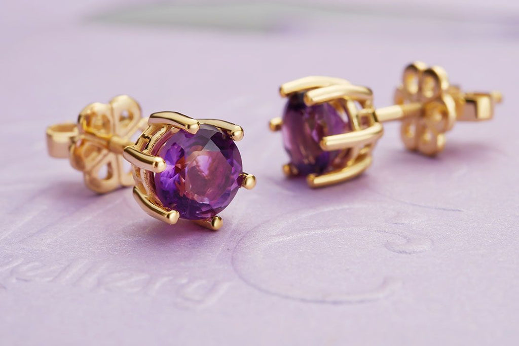 Bông tai Vàng Đá quý thiên nhiên Amethyst 6 prong Earrings in 14K Yellow Gold by AME Jewellery