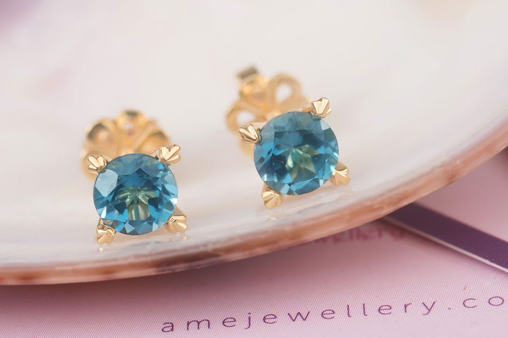 Bông tai Vàng 14K Đá quý tự nhiên London Blue Topaz Gold Earrings - AME Jewellery 