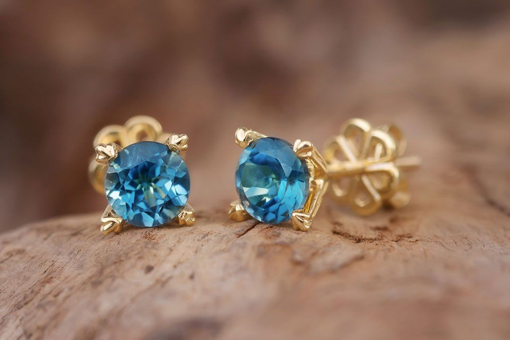 Bông tai Vàng 14K Đá quý tự nhiên London Blue Topaz Gold Earrings - AME Jewellery 