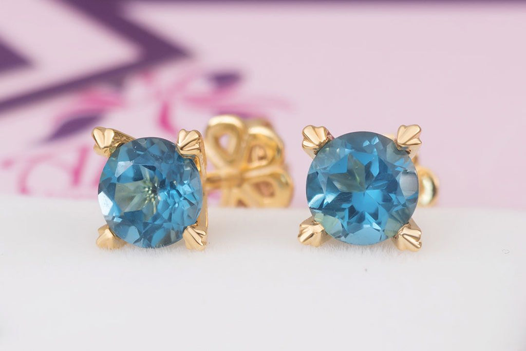 Bông tai Vàng 14K Đá quý tự nhiên London Blue Topaz Gold Earrings - AME Jewellery 