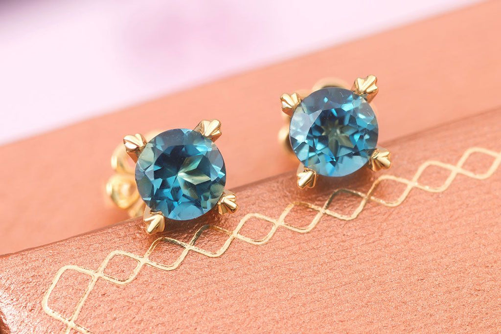 Bông tai Vàng 14K Đá quý tự nhiên London Blue Topaz Gold Earrings - AME Jewellery 