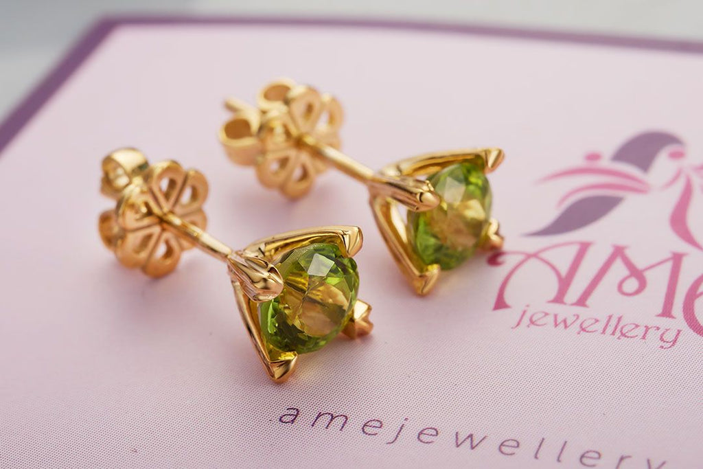 Bông tai Vàng Đá quý tự nhiên Peridot 4-Prong Stud Earrings in 14K Yellow Gold by AME Jewellery