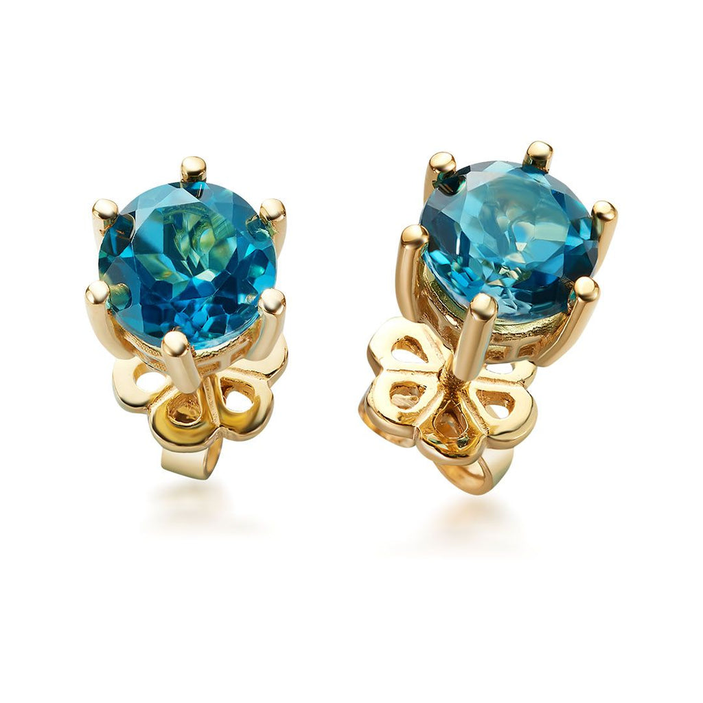 Bông tai Vàng 14K Đá quý London Blue Topaz 6 prong gold earrings - AME Jewellery