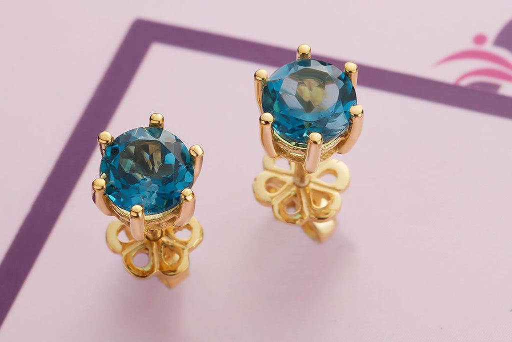 Bông tai Vàng 14K Đá quý London Blue Topaz 6 prong gold earrings - AME Jewellery