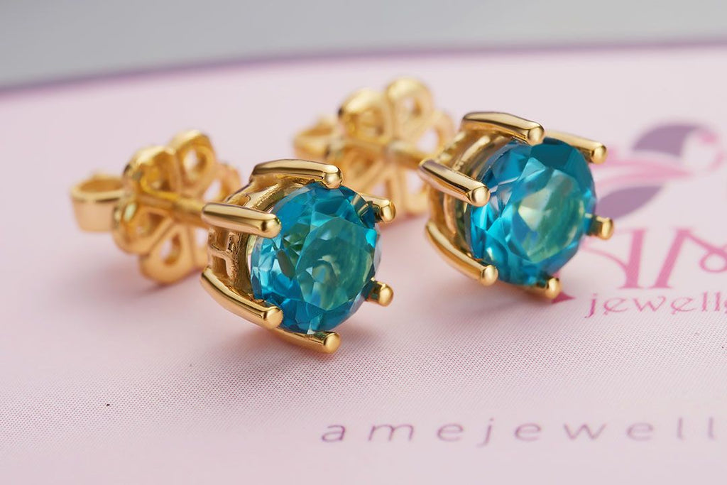 Bông tai Vàng 14K Đá quý London Blue Topaz 6 prong gold earrings - AME Jewellery