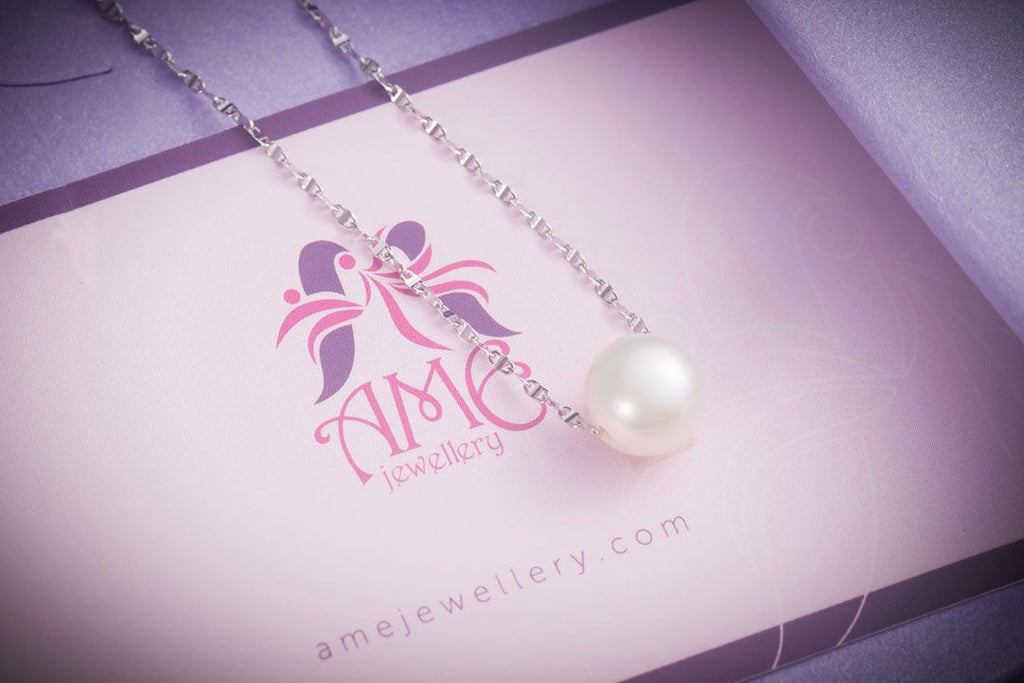 Dây chuyền Vàng trắng 18K Ngọc trai trắng Single White Pearl Link Chain Necklace in 18K White Gold by AME Jewellery