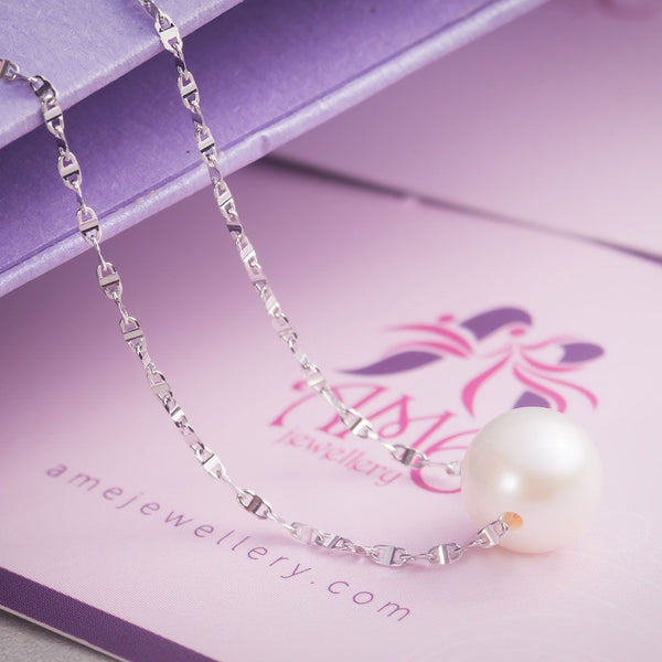 Dây chuyền Vàng trắng 18K Ngọc trai trắng Single White Pearl Link Chain Necklace in 18K White Gold by AME Jewellery