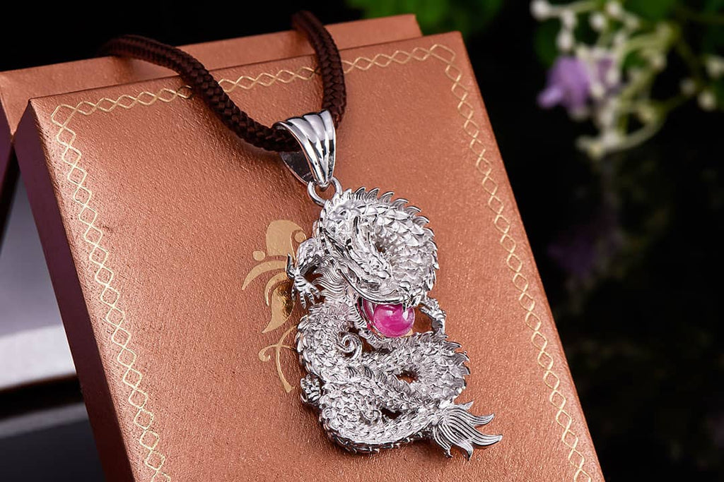 Natural Ruby Dragon Men's Pendant in Sterling Silver - AME Jewellery