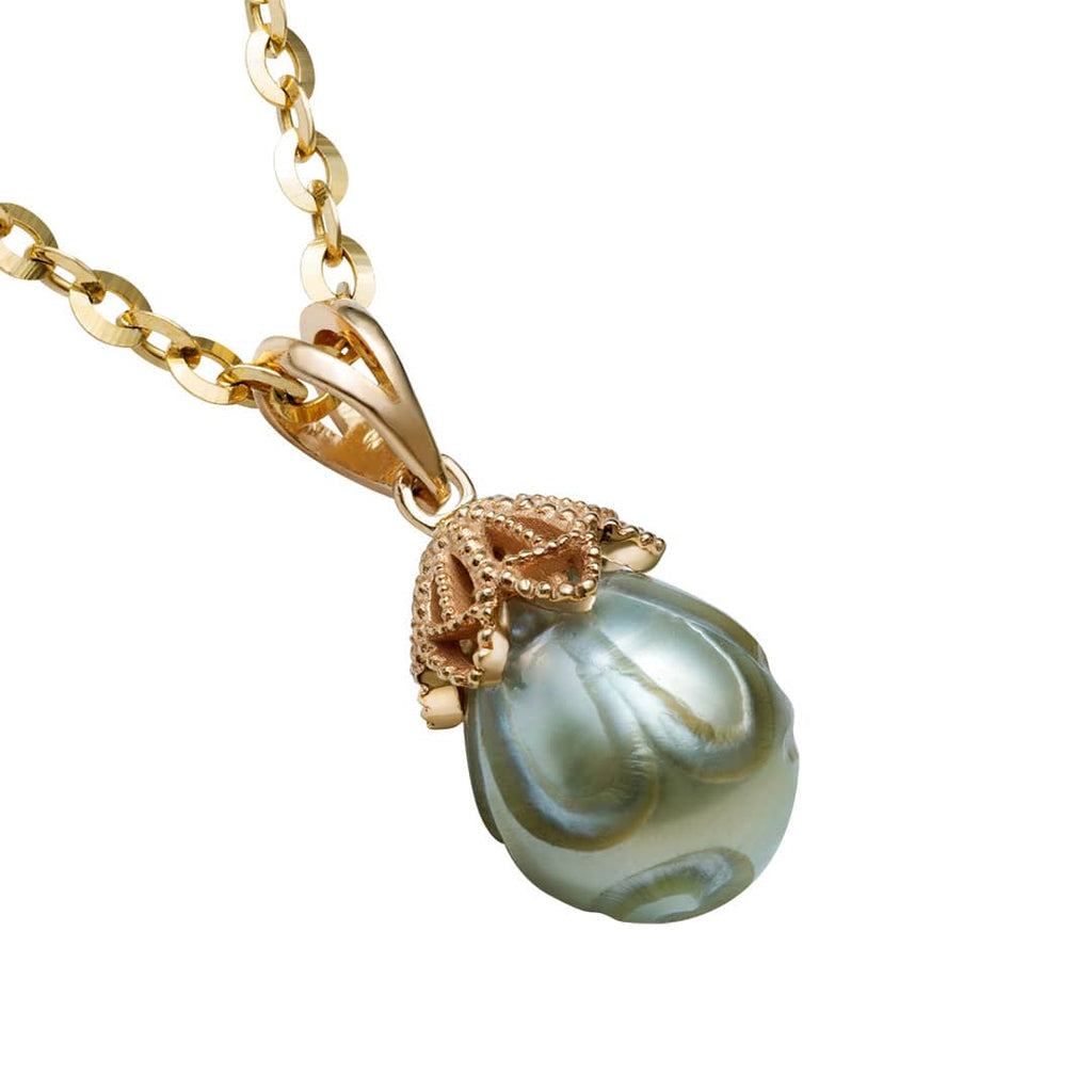 Mặt dây chuyền Vàng Ngọc trai Biển Tahiti chạm khắc Carved Tahitian Cultured Pearl Pendantin 14K Yellow Gold by AME Jewellery