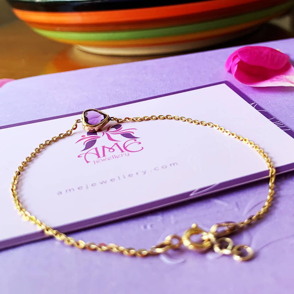 Lắc tay Vàng 14K Đá quý thiên nhiên Heart-cut Amethyst Bezel Bracelet in 14K Yellow Gold by AME Jewellery