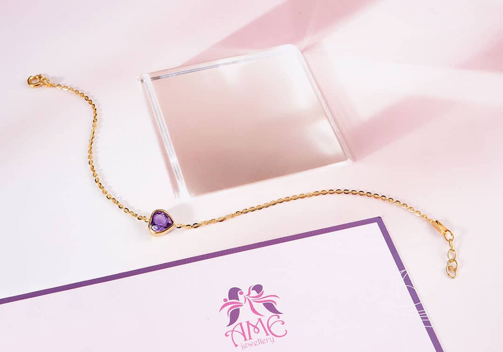 Lắc tay Vàng 14K Đá quý thiên nhiên Heart-cut Amethyst Bezel Bracelet in 14K Yellow Gold by AME Jewellery