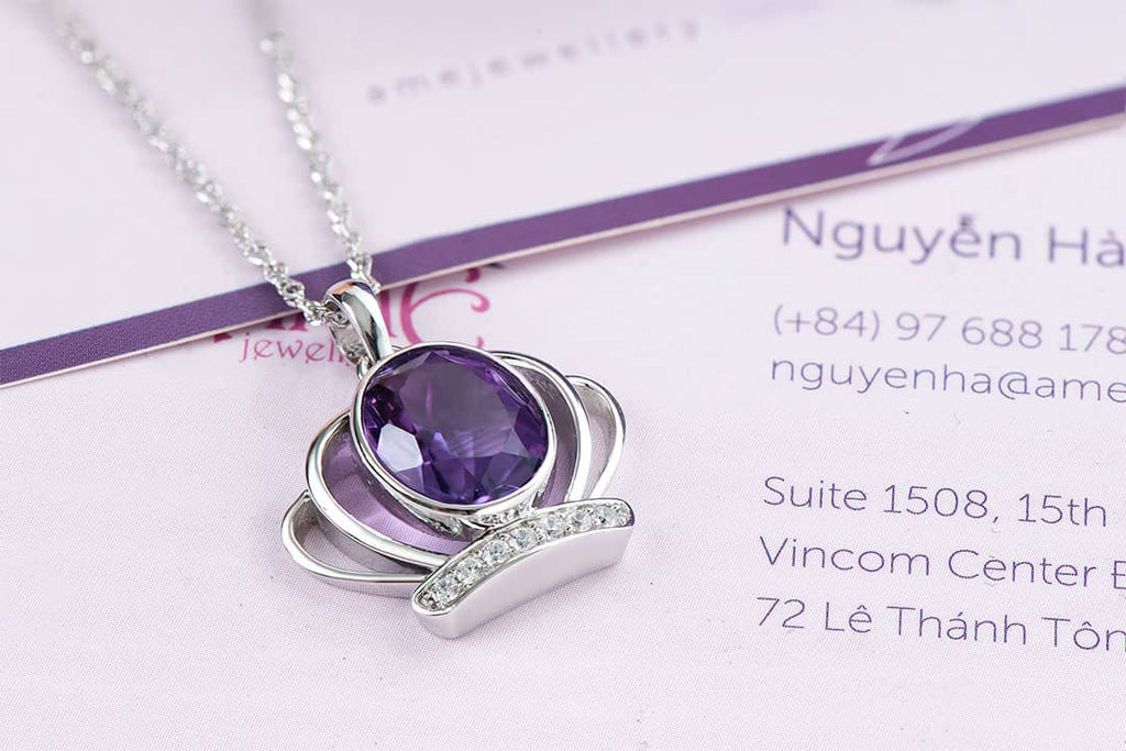 Mặt dây Vương Miện Vàng trắng Đá quý tự nhiên Amethyst Crown Pendant Necklace in 14K White Gold  by AME Jewellery