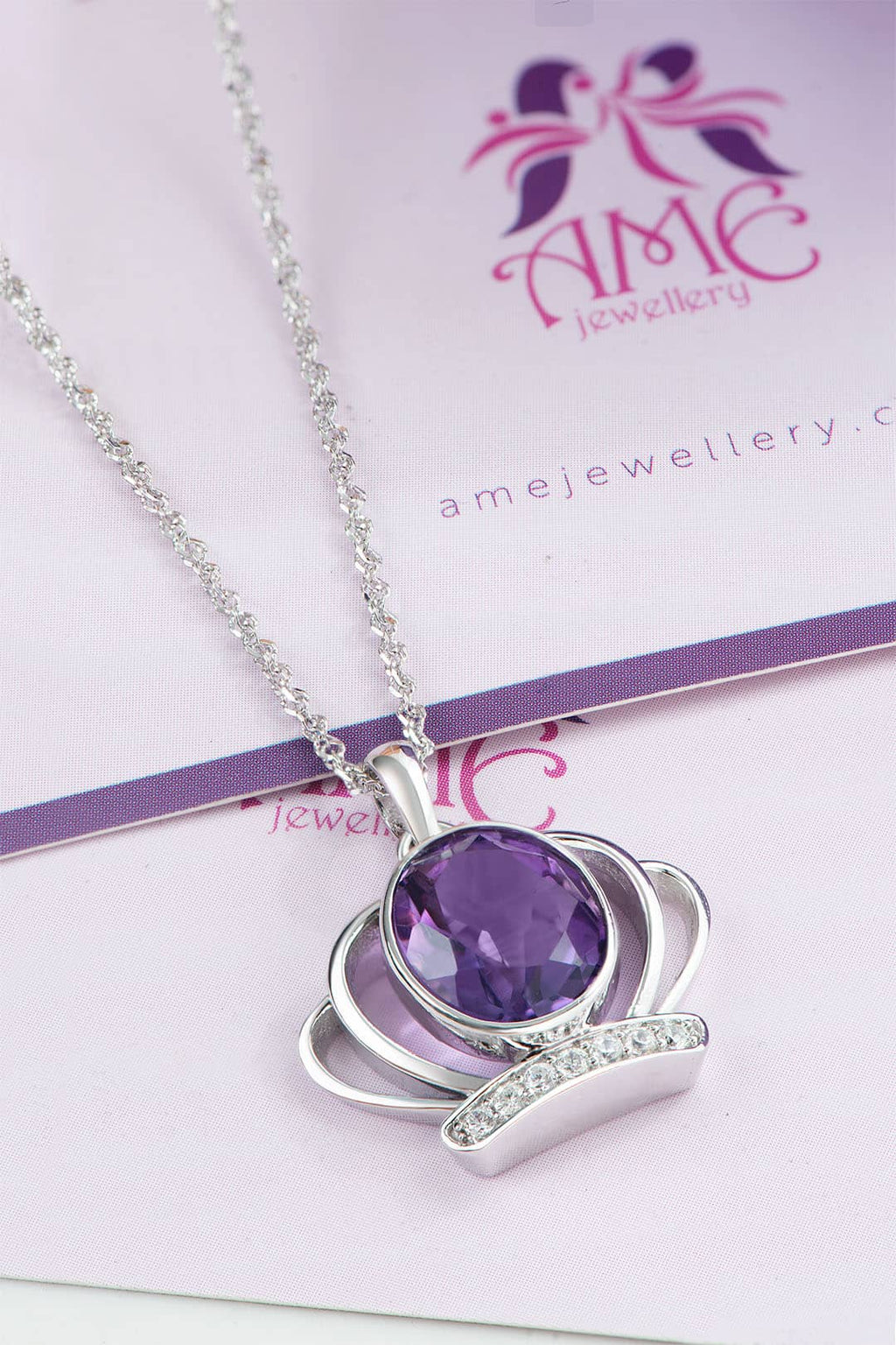 Mặt dây Vương Miện Vàng trắng Đá quý tự nhiên Amethyst Crown Pendant Necklace in 14K White Gold  by AME Jewellery