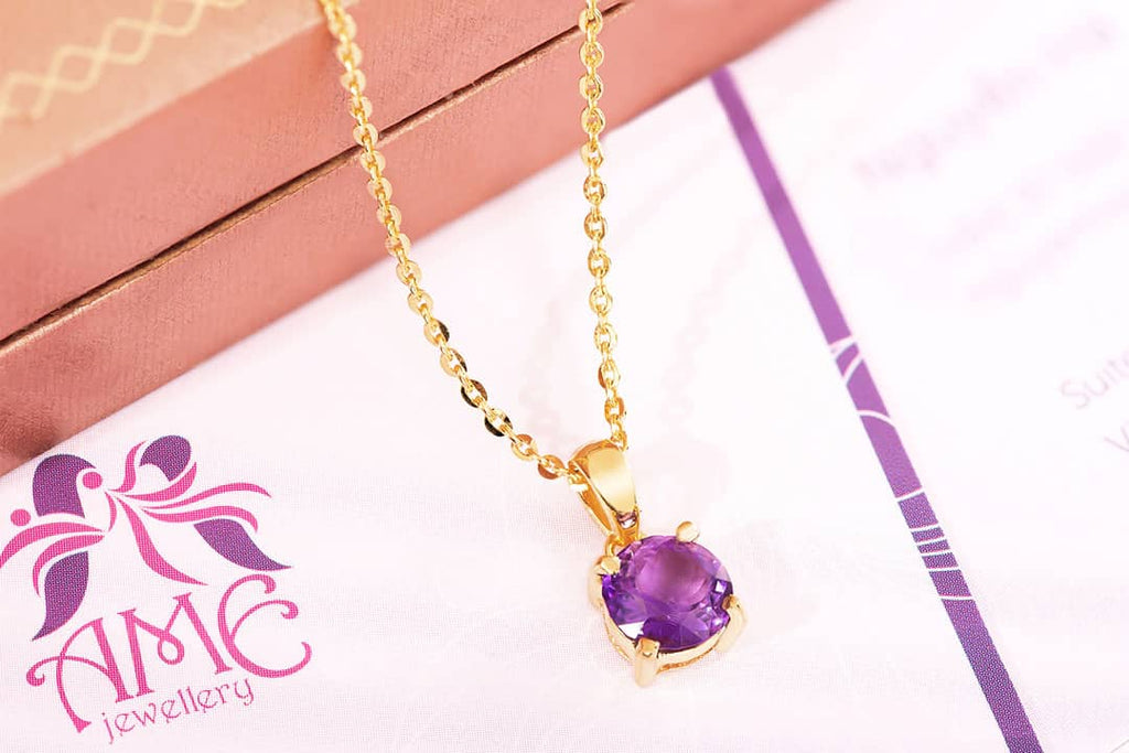 Mặt dây chuyền Vàng Đá quý thiên nhiên Amethyst Pendant Necklace in 14K Yellow Gold by AME Jewellery