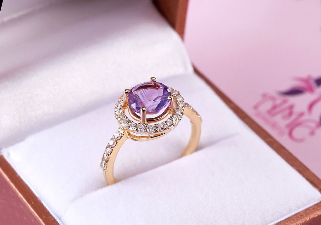 Nhẫn nữ Vàng Đá quý thiên nhiên Amethyst halo ring in 14K yellow gold by AME Jewellery