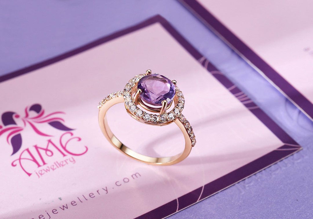 Nhẫn nữ Vàng Đá quý thiên nhiên Amethyst halo ring in 14K yellow gold by AME Jewellery