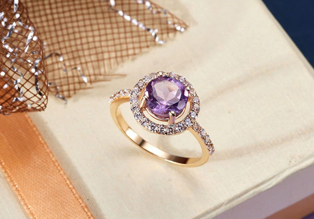 Nhẫn nữ Vàng Đá quý thiên nhiên Amethyst halo ring in 14K yellow gold by AME Jewellery