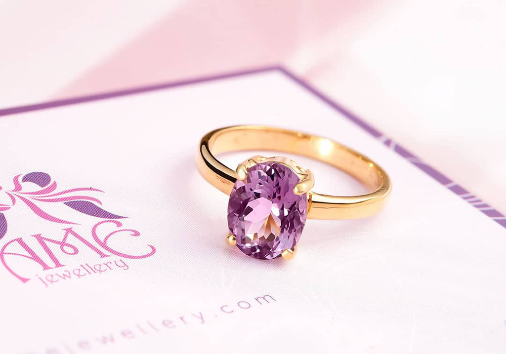 Nhẫn nữ Vàng 14K Đá quý thiên nhiên oval Amethyst Ring in 14K Yellow Gold by by AME Jewellery