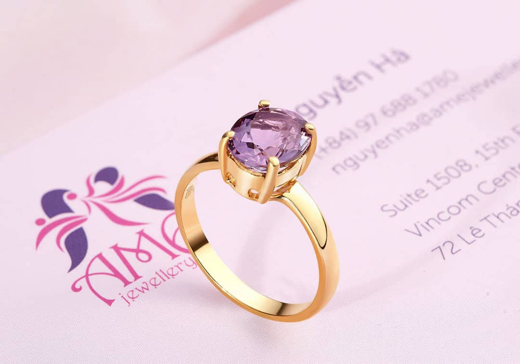 Nhẫn nữ Vàng 14K Đá quý thiên nhiên oval Amethyst Ring in 14K Yellow Gold by by AME Jewellery