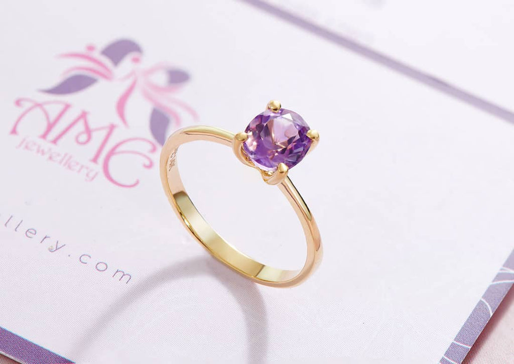 Nhẫn Vàng Đá quý thiên nhiên Amethyst Solitaire Ring in 14K Yellow Gold by AME Jewellery