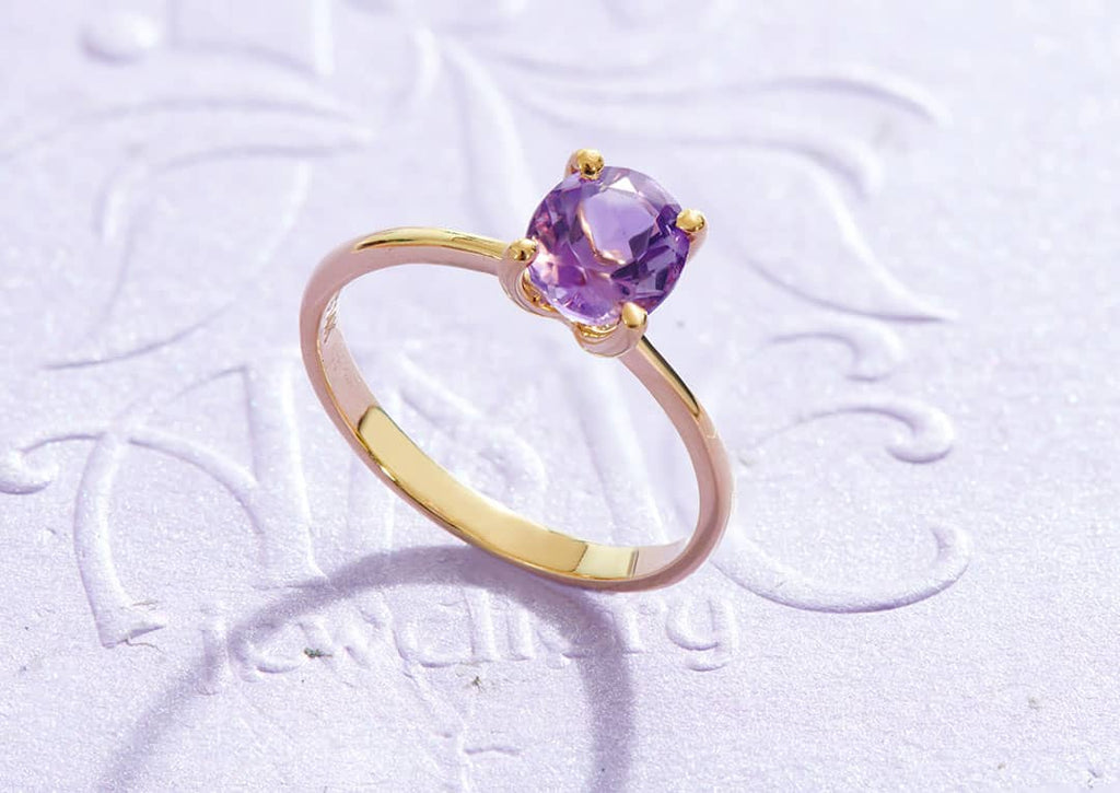 Nhẫn Vàng Đá quý thiên nhiên Amethyst Solitaire Ring in 14K Yellow Gold by AME Jewellery