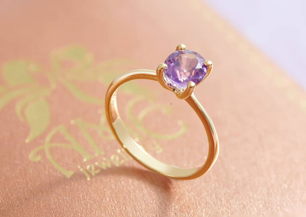 Nhẫn Vàng Đá quý thiên nhiên Amethyst Solitaire Ring in 14K Yellow Gold by AME Jewellery