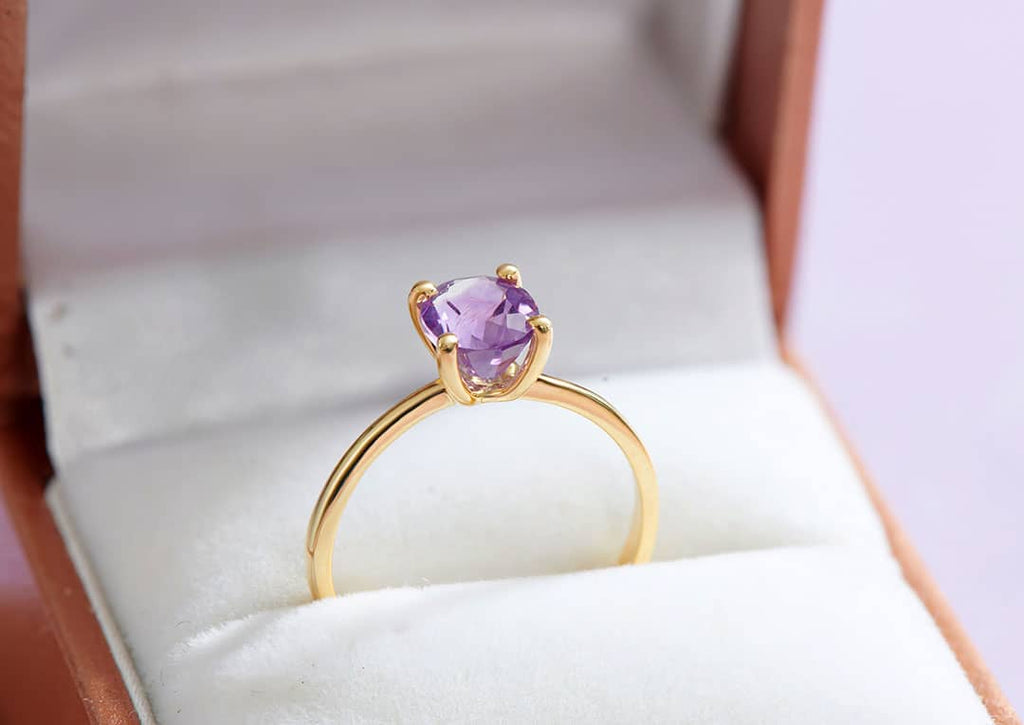 Nhẫn Vàng Đá quý thiên nhiên Amethyst Solitaire Ring in 14K Yellow Gold by AME Jewellery