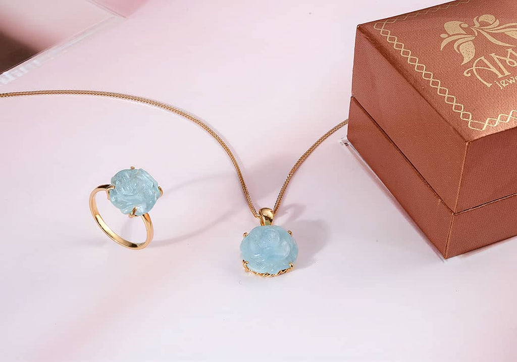 Trang sức Vàng 14K Đá quý tự nhiên Aquamarine Carved Rose Flower Jewelry Set in 14-karat Yellow Gold by AME Jewellery