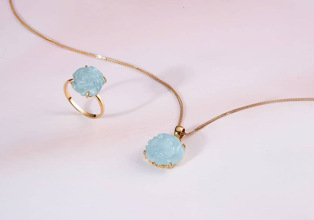 Trang sức Vàng 14K Đá quý tự nhiên Aquamarine Carved Rose Flower Jewelry Set in 14-karat Yellow Gold by AME Jewellery