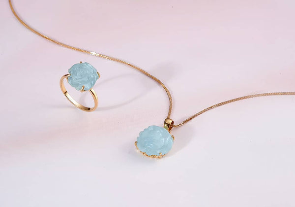 Bộ Trang sức Vàng 14K Đá quý tự nhiên Rose Carved Aquamarine Gold Jewelry | AME Jewellery