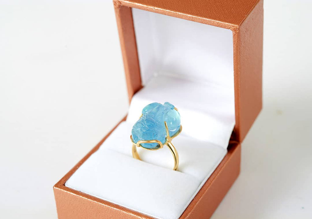 Nhẫn Vàng Tỳ hưu Đá quý thiên nhiên Natural Aquamarine Carved Pixiu Ring in 14K Yellow Gold by AME Jewellery