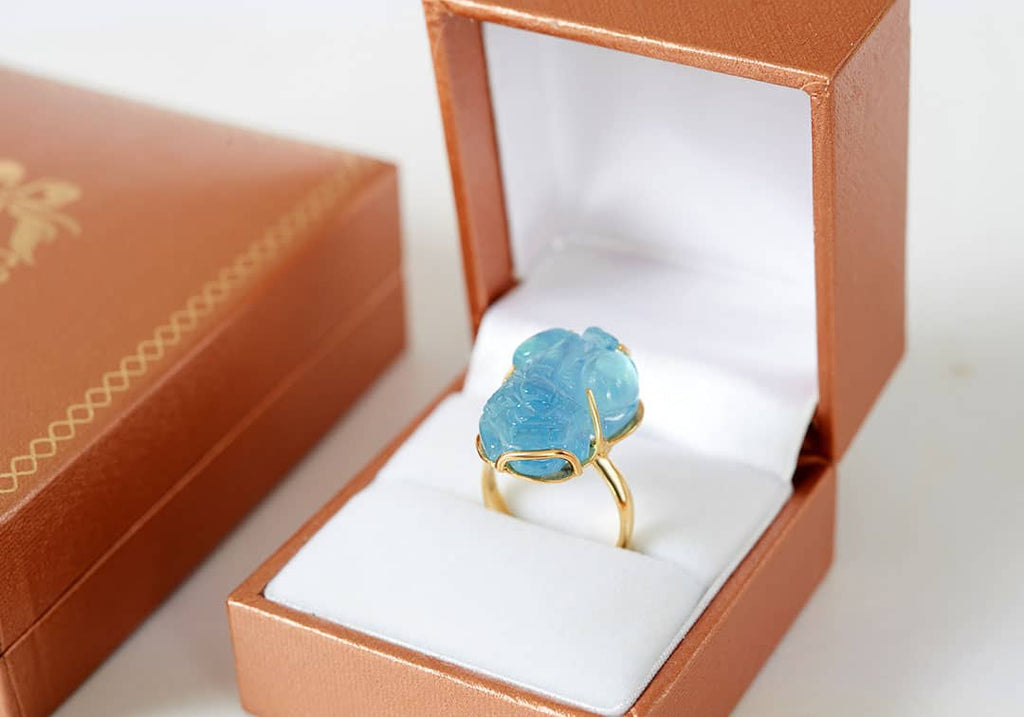 Nhẫn Vàng Tỳ hưu Đá quý thiên nhiên Natural Aquamarine Carved Pixiu Ring in 14K Yellow Gold by AME Jewellery