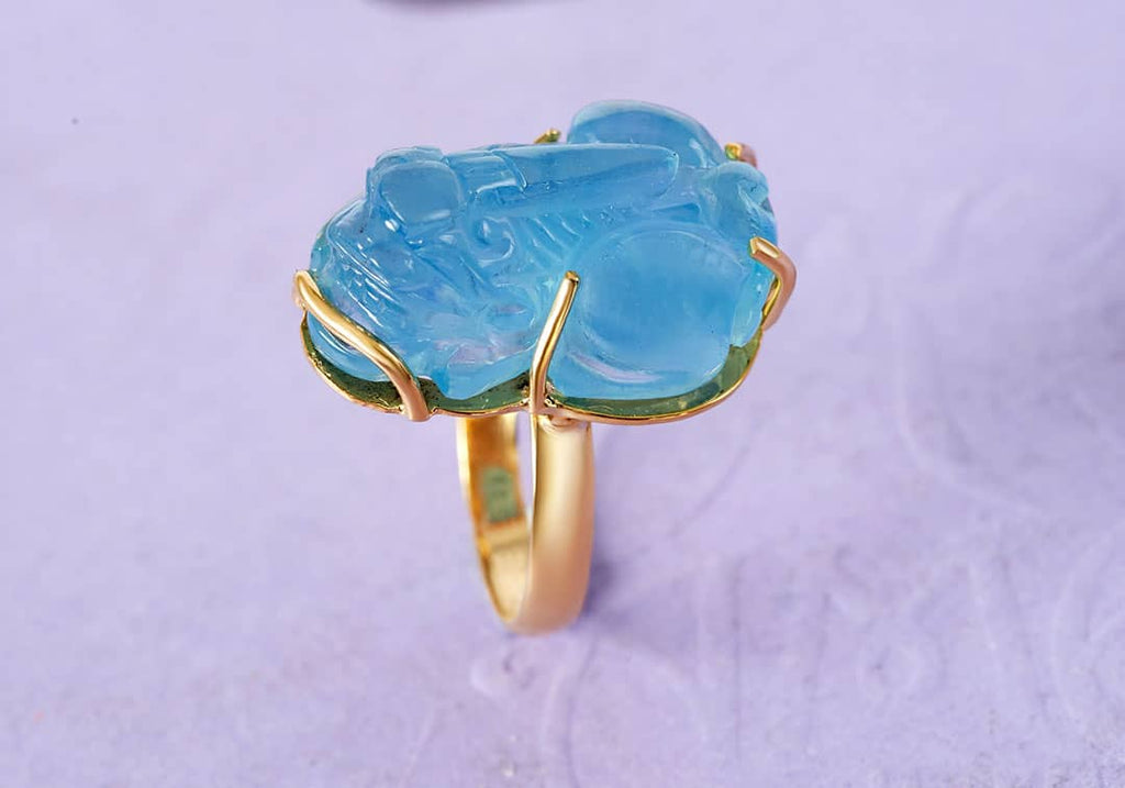 Nhẫn Vàng Tỳ hưu Đá quý thiên nhiên Natural Aquamarine Carved Pixiu Ring in 14K Yellow Gold by AME Jewellery