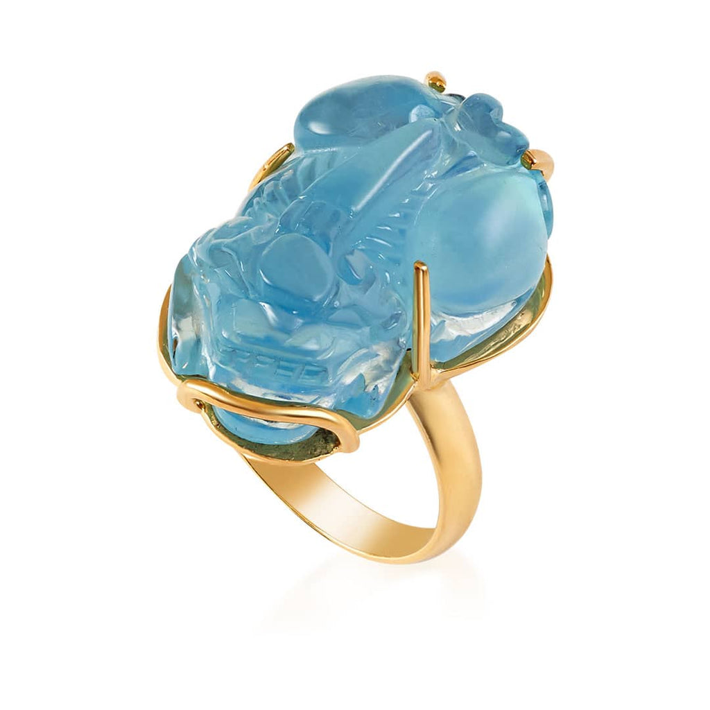 Nhẫn Vàng Tỳ hưu Đá quý thiên nhiên Natural Aquamarine Carved Pixiu Ring in 14K Yellow Gold by AME Jewellery