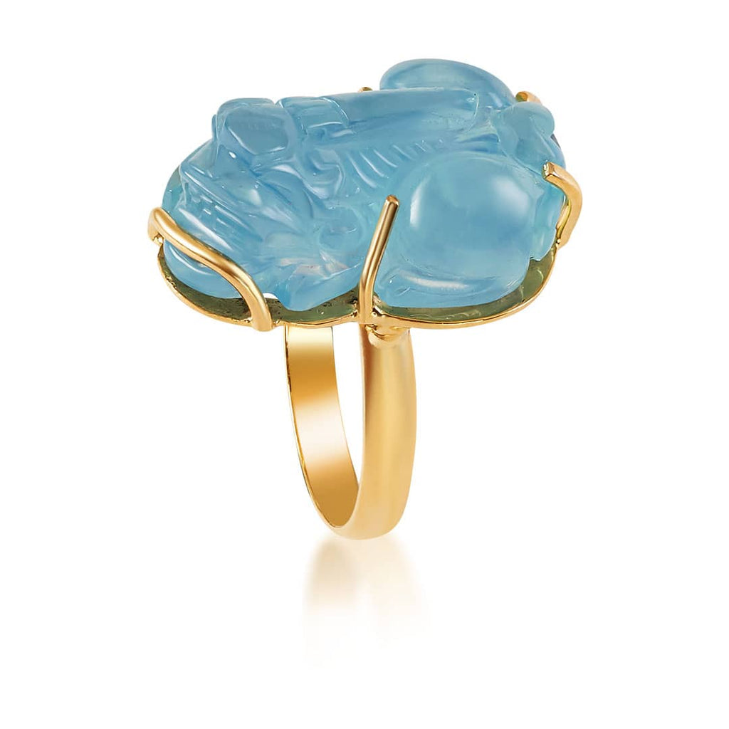 Nhẫn Vàng Tỳ hưu Đá quý thiên nhiên Natural Aquamarine Carved Pixiu Ring in 14K Yellow Gold by AME Jewellery